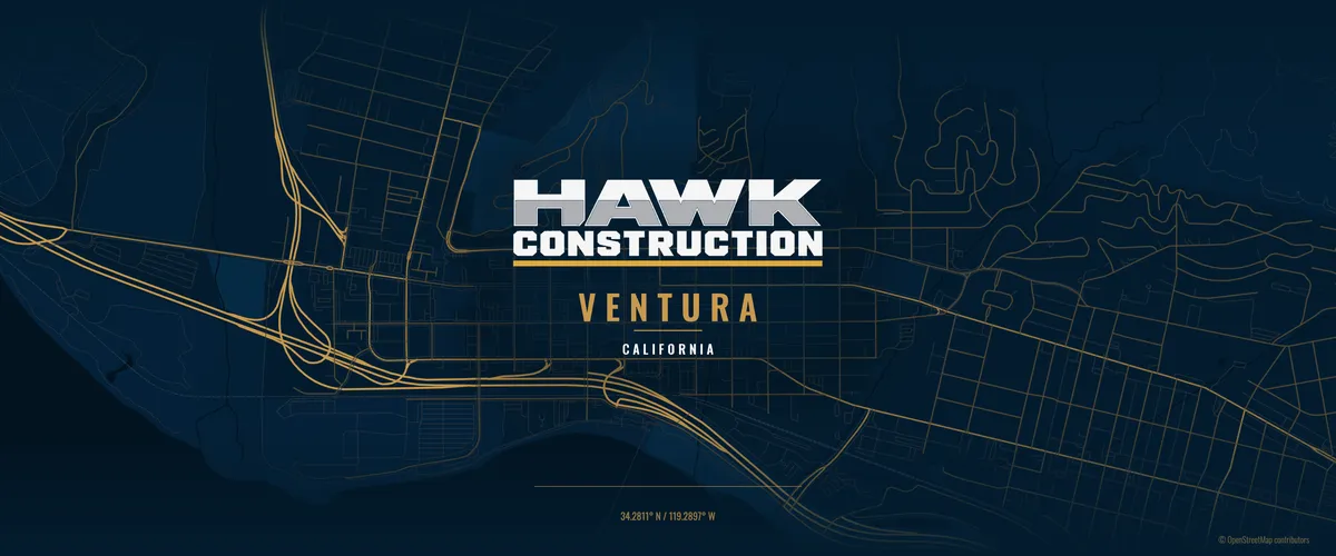 Map of Ventura, California, with the Hawk Construction logo